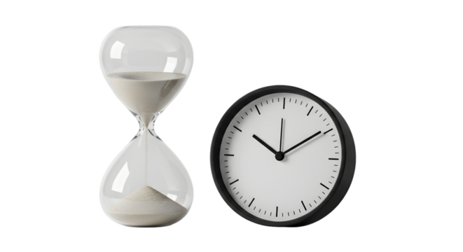 Hourglass and Black Wall Clock Time Passing on Transparent Background