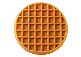 A perfectly round golden brown waffle with a distinct grid pattern, isolated on a transparent background