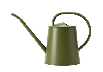 A green metal watering can with a long spout and curved handle is isolated on a transparent background, ready for gardening