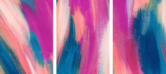 Three minimalist artist-made paintings. Colourful abstract texture. Versatile artistic image for creative design projects: posters, banners, websites, covers, cards, magazines, prints, wallpapers.
