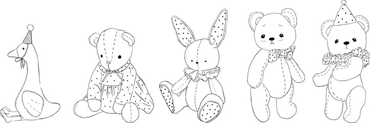 A set of illustrations for childrens soft toys in the line style. Vector illustration