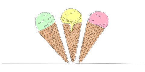 Colorful One Line Drawing of Three Ice Cream Cones in Minimalist Style