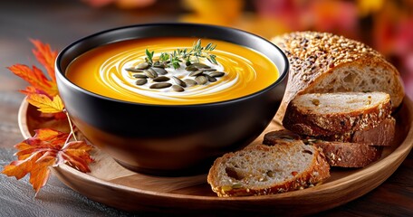 Creamy Pumpkin Soup with Pumpkin Seeds and Herbs in White Bowls &ndash; Autumn Cozy Setting