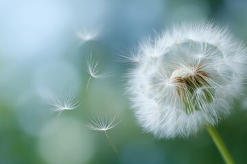 Macro Shot of Dandelion with Seeds Blowing in the Wind &ndash; Soft Blue Background