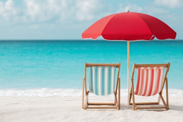 Summer Beach Digital Backdrop &ndash; Two Striped Chairs with Red Umbrella by the Sea