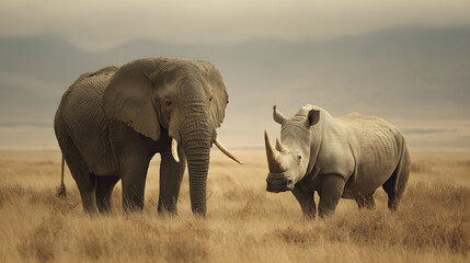 Fototapeta premium Elephant and Rhinoceros standing side by side in a savannah, peaceful harmony