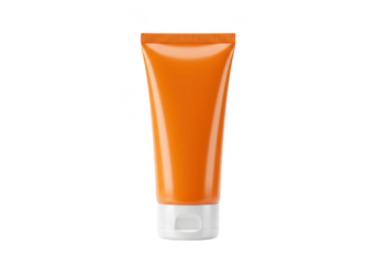 An orange cosmetic tube with a white cap, isolated on a transparent background