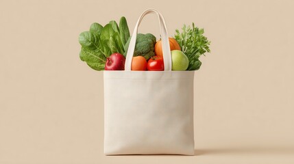 Eco Grocery Tote Mockup &ndash; White Canvas Bag with Fresh Produce on Neutral Background