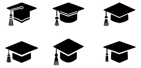 Graduation Cap Icons Set with Tassel and Gown Silhouette