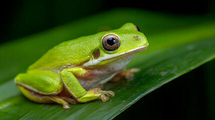 Green Tree Frog perched on a leaf, vivid green, tropical rainforest