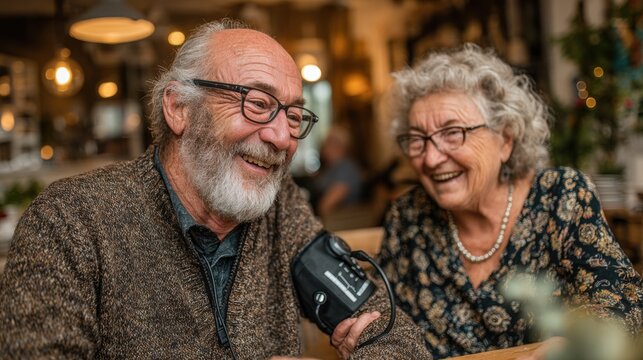 Happy Senior Couple Laughing While Checking Blood Pressure at Home, Health Monitoring and Care, Aging Well Together