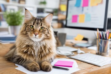 Fluffy Maine Coon Cat Sitting on Office Desk Next to Computer Monitor
