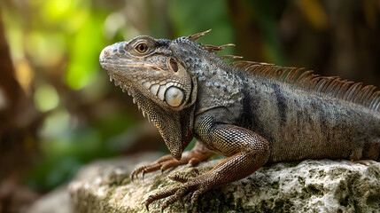 Fototapeta premium Iguana sunbathing on a rock, tropical jungle background