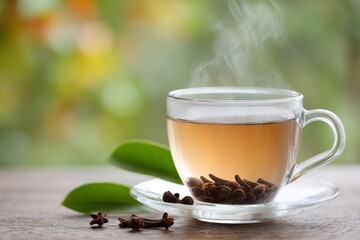 Hot Clove Tea in a Glass Cup with Star Anise on Wooden Table