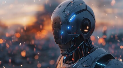 Futuristic Humanoid AI Robot with Glowing Blue Eyes in Fiery Battlefield
