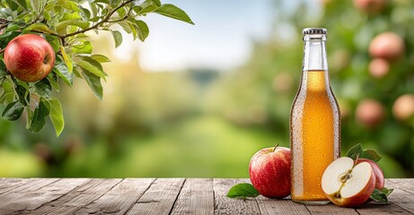 Chilled Apple Juice Bottle with Fresh Red Apples on Wooden Table in Orchard
