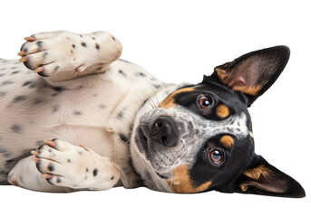 A cute, spotted puppy lying on its back with paws in the air, looking up playfully, isolated on a transparent background