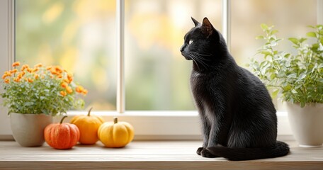 Black Cat on Autumn Windowsill &ndash; Cozy Fall Home Decor Scene