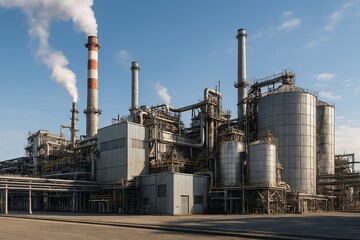 Modern Industrial Factory with Pipelines and Smokestacks Under Blue Sky
