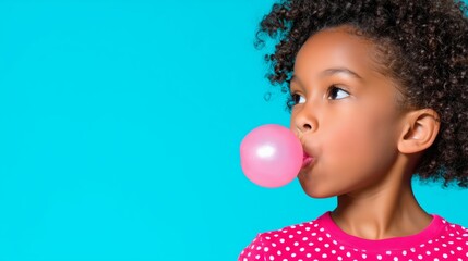 Child Blowing Bubble Gum &ndash; Colorful Profile Portrait with Blue Background
