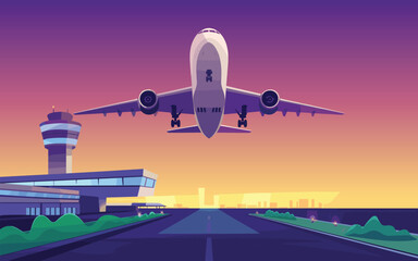 Airplane Taking Off Vector Illustration of Flight at Sunset