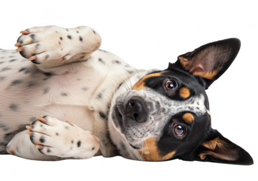 A cute, spotted puppy lying on its back with paws in the air, looking up playfully, isolated on a transparent background