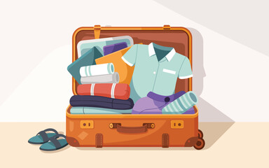 Travel Essentials Open Suitcase Packed with Clothes and Vacation Items