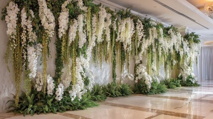 An elegant flower wall installation with cascading white orchids and delicate greenery, designed for luxury events and photoshoots