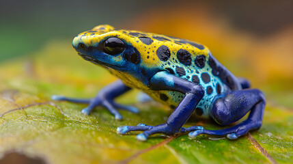 Obraz premium Poison Dart Frog on a tropical leaf, bright and vivid, high saturation