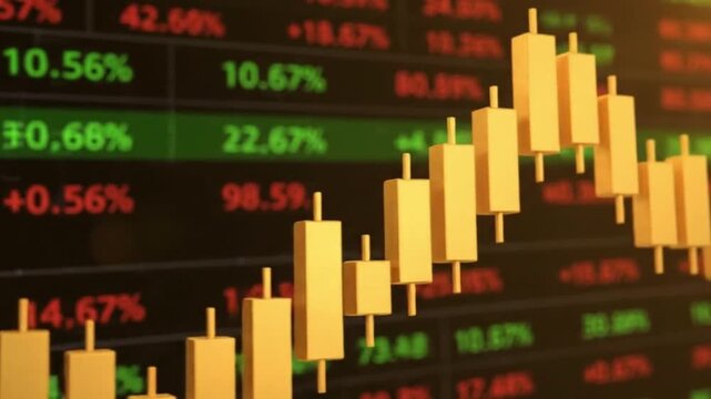 Financial chart with candlestick patterns overlaid on percentage figures in green and red