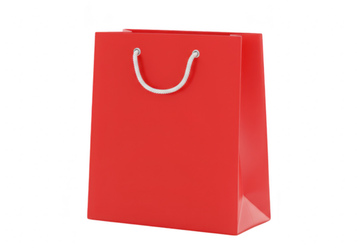 A bright red paper shopping bag with white handles stands upright, isolated on a transparent background