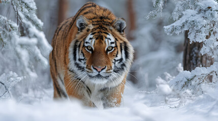 Siberian Tiger stalking through the snowy forest, vibrant orange fur