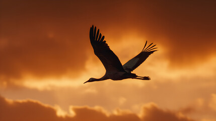 Naklejka premium Stork flying across a sunset sky, silhouette, calm and majestic