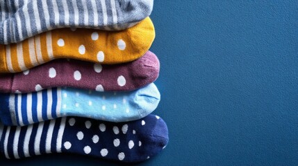 A row of colorful socks with polka dots and stripes