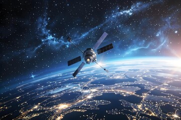 Satellite above Earth: A state-of-the-art satellite soars in the vast expanse of space, gracefully orbiting Earth, revealing a breathtaking vista of our planet with glowing city lights at night.
