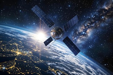 Orbiting Sentinel: A state-of-the-art satellite, intricately designed and poised in orbit, monitors our planet, against the vast cosmic tapestry of the universe.