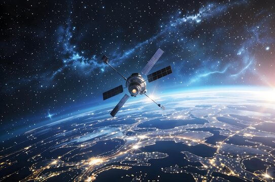 Satellite above Earth: A state-of-the-art satellite soars in the vast expanse of space, gracefully orbiting Earth, revealing a breathtaking vista of our planet with glowing city lights at night.