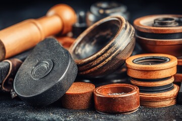 Close-up of a collection of wooden and leather crafting tools.  Various sizes and shapes of bowls, discs, and cylinders.  Dark background