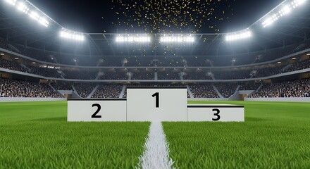 Empty podiums for winners in a large stadium filled with spectators during a celebratory sporting event.