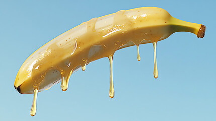 A banana covered in honey with drips against a light blue background in a studio shot food photography