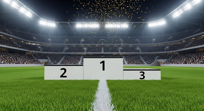 Empty podiums for winners in a large stadium filled with spectators during a celebratory sporting event.