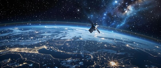 Naklejka premium Satellite Orbiting Earth: A captivating high-angle view of Earth from space, illuminated by city lights, with a satellite gracefully orbiting in the vast expanse of the cosmos.