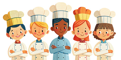 set of chef collection professionals standing confidently with arms crossed and smiling. Formal attire, diverse characters, food theme, isolated on white background