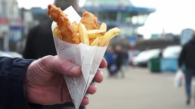 Hand holding a cone of fish and chips