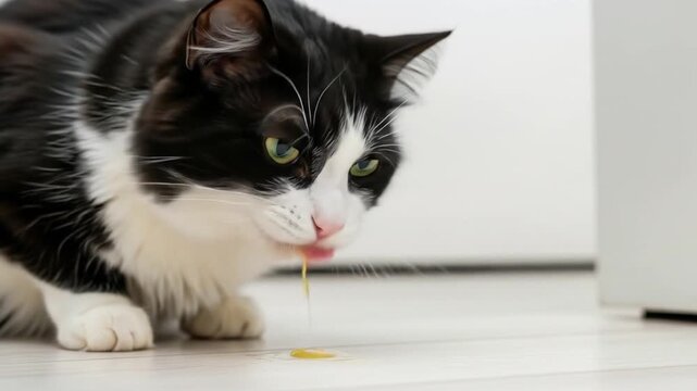 Cat drooling yellow liquid, black and white, on white floor. Ideal for pet care, veterinary, or health related content and designs.