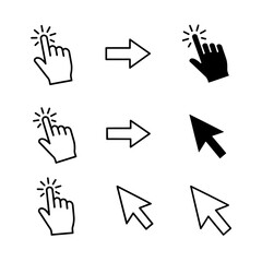 Obraz premium Collection of cursor icons including hand pointer and arrow in black and white