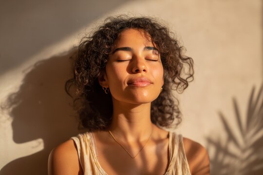 A beautiful woman enjoying the warmth of sunlight with her eyes closed, at peace.