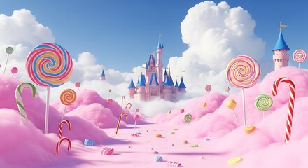 Whimsical landscape with pink cotton candy hills, lollipops, candy canes, and a fairytale castle under fluffy clouds.