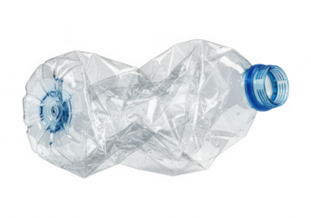 A crushed empty plastic water bottle with a blue cap, lying on its side, isolated on a transparent background