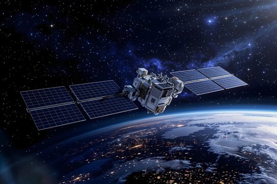 Satellite Orbiting Earth: A satellite, adorned with solar panels, orbits above the planet Earth, its technological prowess showcased against the vastness of space and the twinkling stars.